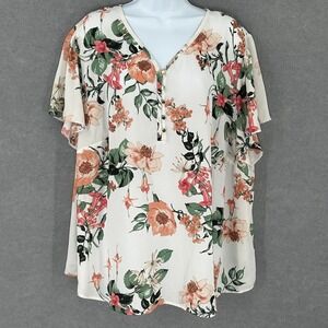 Liz‎ Claiborne Woman 2X Floral Print Button Down Flutter Sleeve Flowy Blouse